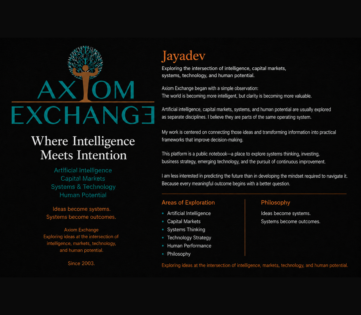Founder page introducing Jayadev Nobari and the philosophy behind Axiom Exchange, focusing on intelligence, systems thinking, technology, capital markets, and human potential.