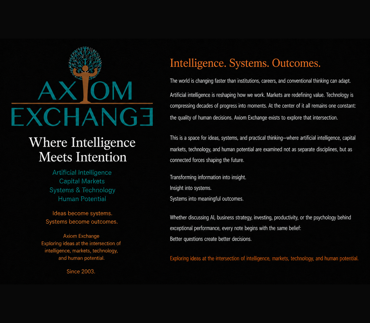 Axiom Exchange homepage featuring the Axiom Exchange logo, the tagline "Where Intelligence Meets Intention," and an introduction to intelligence, systems thinking, technology, capital markets, and human potential.